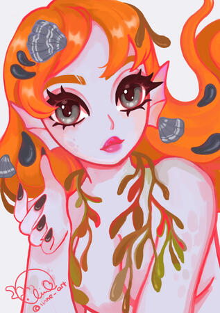 Digital Portrait of a red haired girl with shells in her hair and seaweed around her neck